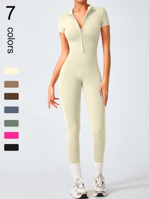 Women's High Elastic Soft Collar Half-zip Tight Waist Tight Hip Yoga Suit Outdoor Running, Cycling, Mountaineering, Walking, Naked Body Clothes Gym Sports Training All-match Short-sleeved Pants, Workout Gym Clothing, Sportswear Jumpsuits