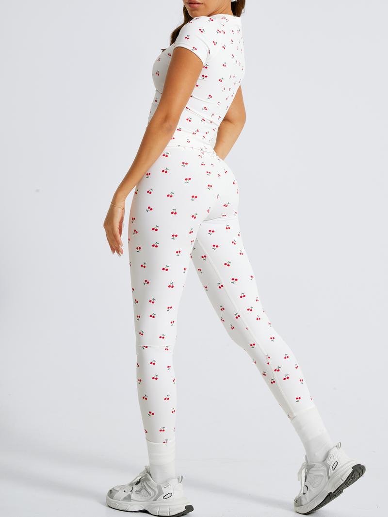 Women's 2-Piece Cherry Print Crew Neck Tee & High-Waist Leggings Set , Extended Hemline, Quick-Dry Snug , Yoga, Gym, Athleisure , Women's Activewear Pilates Outfits Compression Shirts Sweatpants