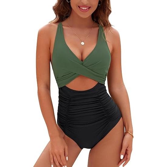 Womens One Piece Swimsuits Push Up Tummy Control Bathing Suits V Neck Cutout Modest Swimwear #dealsforyoudays#TikTokShopBacktoSchool