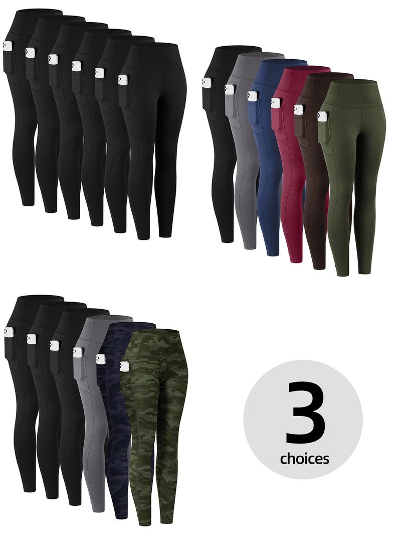 Solid Color High Waisted Yoga Pants With Pockets, Exercise Running Yoga Leggings, Tummy Control Workout Running Yoga Leggings for Women