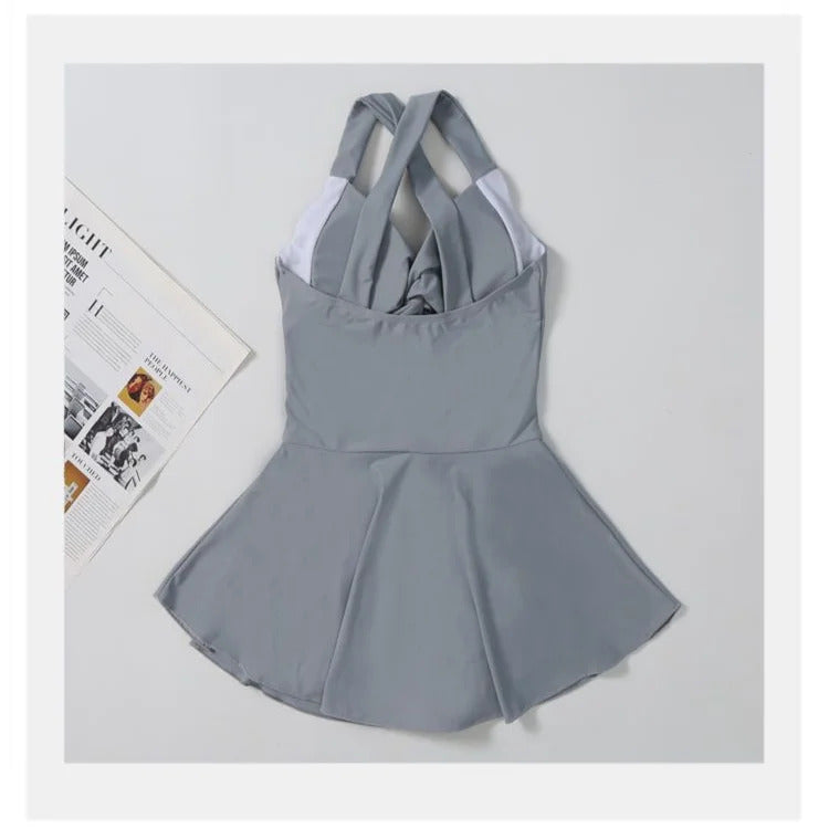 Swimming Suit for Women Solid Color Slimming One-piece Dress Style Conservative Waist Tightening Slimming Vacation Swimsuit