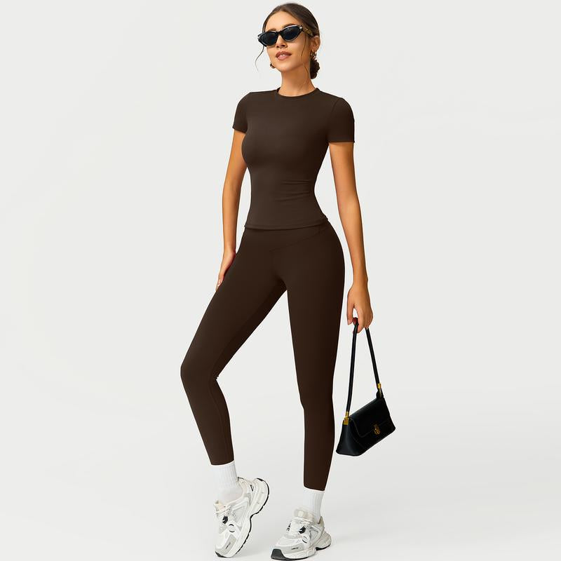 Women's 2-Piece Cherry Print Crew Neck Tee & High-Waist Leggings Set , Extended Hemline, Quick-Dry Snug , Yoga, Gym, Athleisure , Women's Activewear Pilates Outfits Compression Shirts Sweatpants