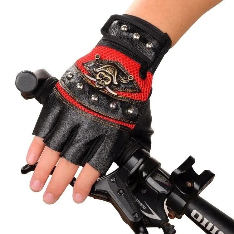 Punk Skulls Rivet PU Leather Gloves Men Women Fashion Hip Hop Anti-slip Half Finger Gloves Summer Cycling Motorcycle Accessories