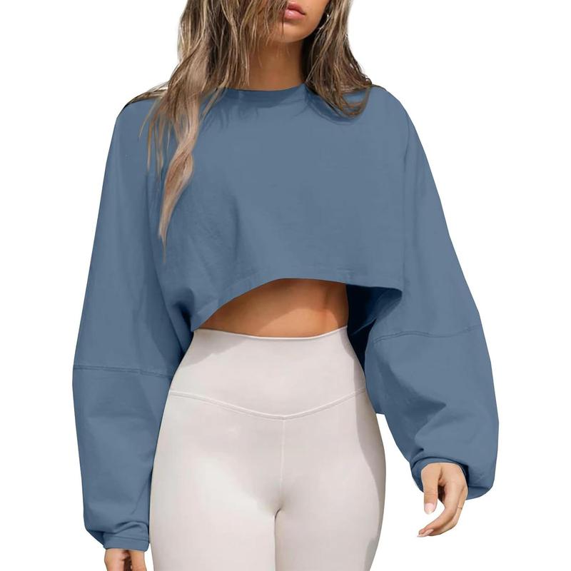 Womens Long Ballon Sleeve Sweatshirts Tops Cropped Crew Neck Loose Fit Casual Workout Shirts