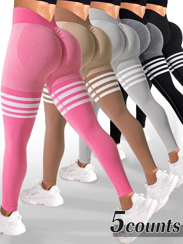 Sporty Women's Striped Print Ruched V-waist Back Sports Leggings, High Stretch Seamless Yoga Leggings, Ladies Sportswear for Indoor Outdoor Wear, Tummy Control Leggings, Legging Pants, Legging Fitness, Gym Yoga Clothing