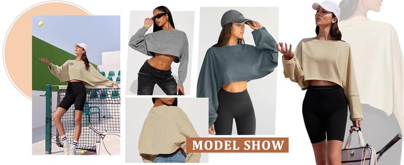 Womens Long Ballon Sleeve Sweatshirts Tops Cropped Crew Neck Loose Fit Casual Workout Shirts