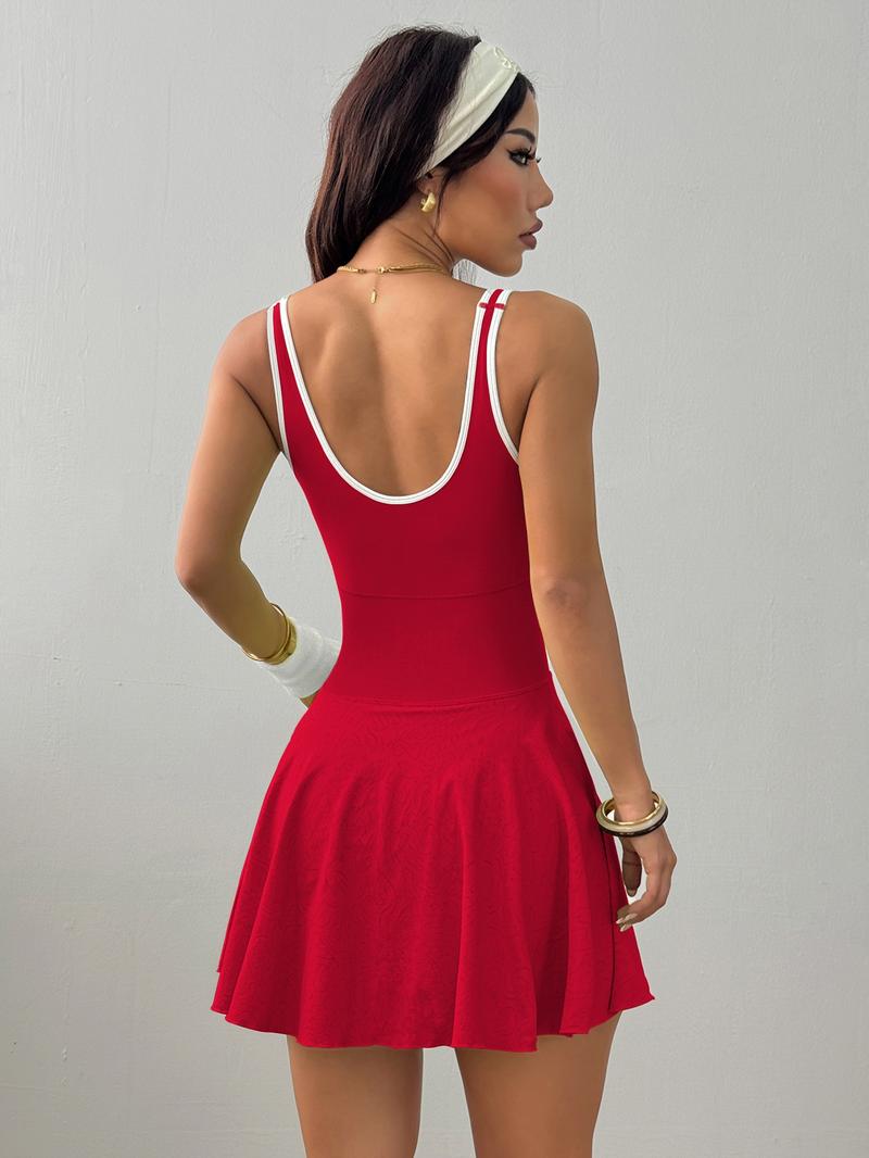 Women's Solid Contrast Trim Backless Sports Dress, High Stretch Sporty Comfortable Breathable Sports Dress with Built-in Pocket, Ladies Sportswear for All Seasons, Tennis Attire, Sporty Chic Dress, Gym Dress, Tennis Athletic Dress, Yoga Active Dress