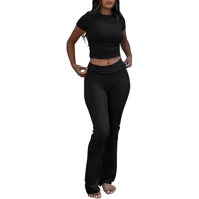 Yoga Women's two-piece casual wear slim fit short sleeved top, low waist bell bottom pants tight pants set, yoga sportswear set, yoga suit, sportswear, slim fit set, fitness set, pajamas set   tracksuits men Loungewear Womenswear Outfit