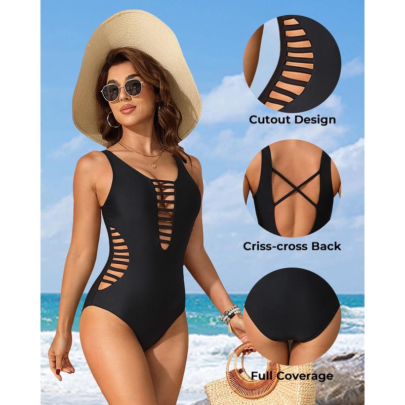 Women Sexy One Piece Swimsuits Plunge Deep V Neck Cutout Bathing Suits