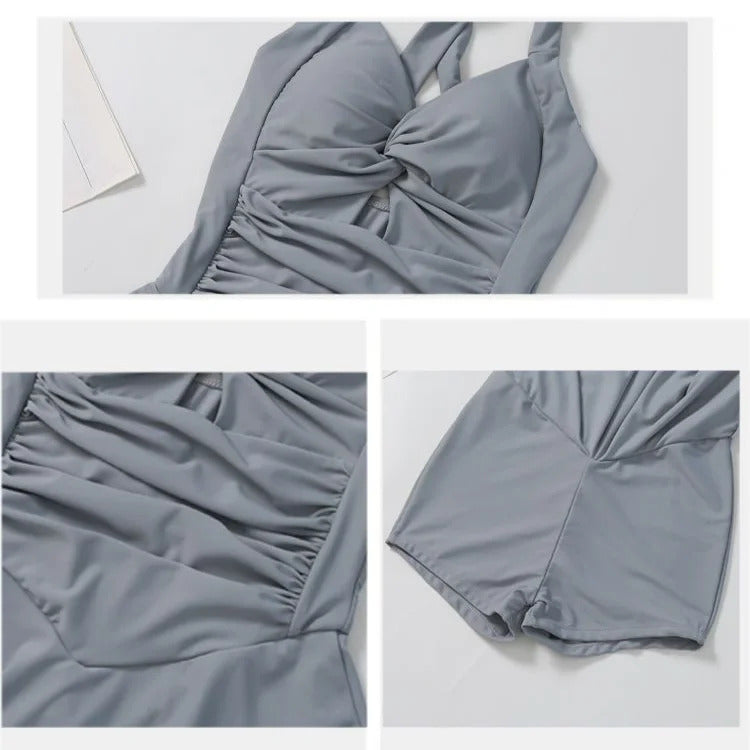 Swimming Suit for Women Solid Color Slimming One-piece Dress Style Conservative Waist Tightening Slimming Vacation Swimsuit