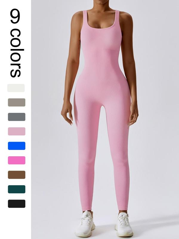 Women's Seamless One-Piece Hip Lift Crew Neck Tummy Control Jumpsuit with Tank Top, Tummy Control Dance & Fitness & Workout Set, Stretch Sportswear for Outdoor Activities, Yoga Jumpsuit