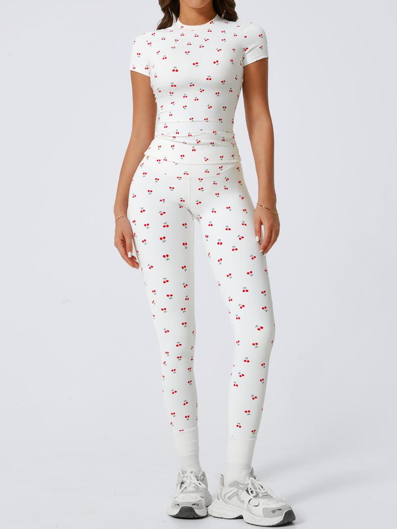 Women's 2-Piece Cherry Print Crew Neck Tee & High-Waist Leggings Set , Extended Hemline, Quick-Dry Snug , Yoga, Gym, Athleisure , Women's Activewear Pilates Outfits Compression Shirts Sweatpants