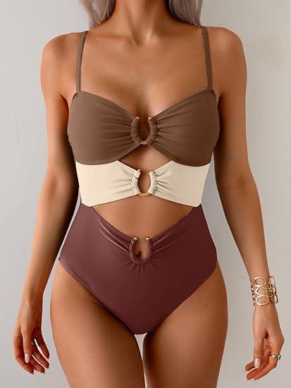 One Piece Swimsuit for Women Ring Linked Monokini Sexy Bathing Suit Cutout Swim Suit Outdoorfun