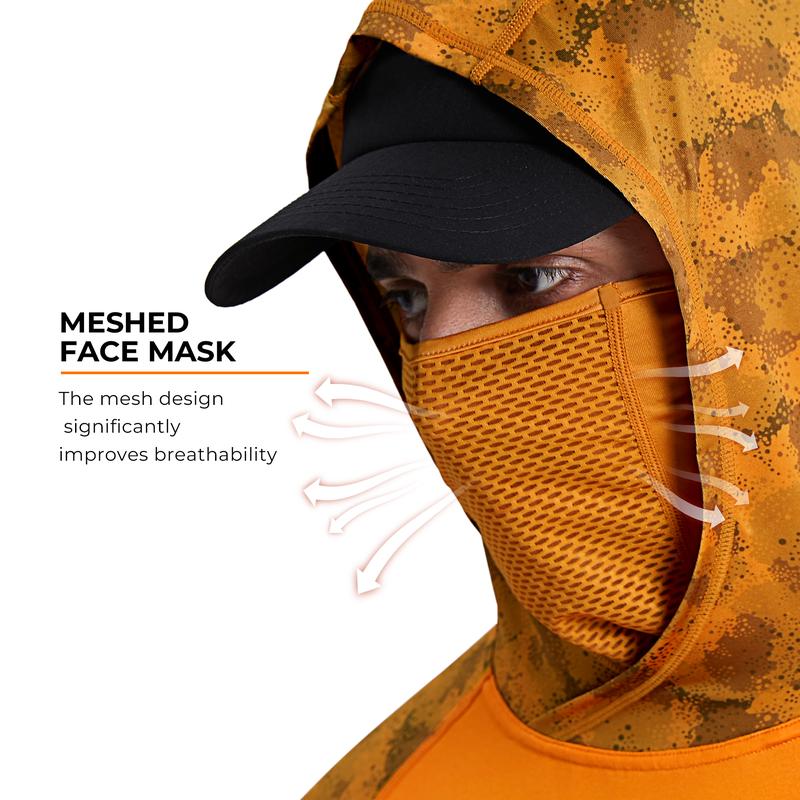 Sun UV Protection Hoodie Shirts, UPF 50+ Men Raglan Long Sleeve Lightweight Quick Dry Breathable Cooling Rash Guard with Mask Neck Gaiter for Outdoor, Hiking, Fishing, Boating, Biking, Sport, Gym, Constructing, Roofing, Landscaping, Gardening 915