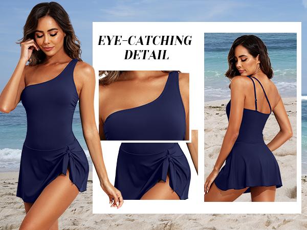 Women One Piece Swim Dress One Shoulder Swimsuit with Skirt Tummy Control Swimdress Swimming Bathing Suit  dealsforyoudays
