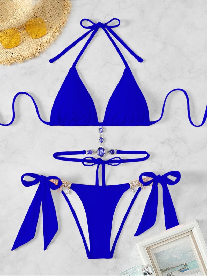 Women's Halter Tie Back Triangle Bra & Ring Linked Panty Bikini Set, Sexy Trendy Summer Swimsuit Set, Ladies Swimwear Rave Outfits, Beach Bikini Set, Halter Bathing Suit, Halter Swim Top, Halter Bikini Sets