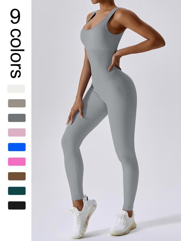 Women's Seamless One-Piece Hip Lift Crew Neck Tummy Control Jumpsuit with Tank Top, Tummy Control Dance & Fitness & Workout Set, Stretch Sportswear for Outdoor Activities, Yoga Jumpsuit