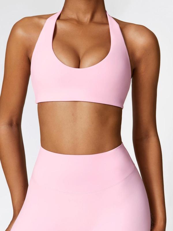 Women's Solid Wireless Halter Sports Bra, Breathable Comfortable High Stretch Sports Bra, Ladies Sportswear for Workout Gym Yoga, Fitness Clothes, Wireless Sports Bras, Yoga Workout Activewear