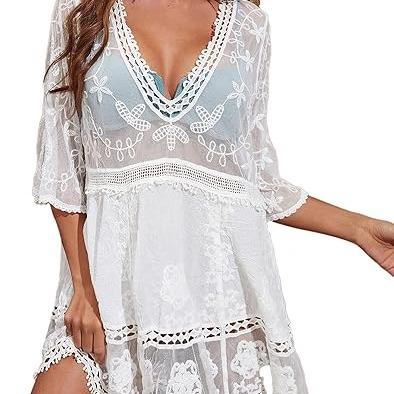Women's Contrast Lace Bathing Suit Cover Up V-Neck Swimsuit Coverups Loose Swimwear Beach Dress Beachwear Deals for You Days
