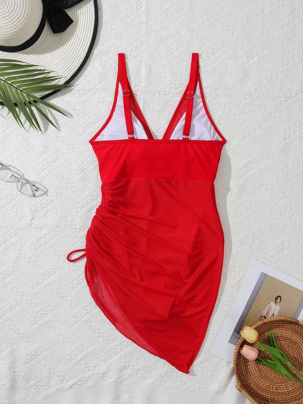 Women's Solid Color Sheer One-piece Swimsuit, Casual Sleeveless Deep V Neck Tummy Control Swimwear for Beach Holiday Vacation, Ladies Swimsuit for All Seasons, Sleeveless Swimsuits, Summer Swimsuit, Spaghetti Strap Swimsuit, Ruched Swimsuit