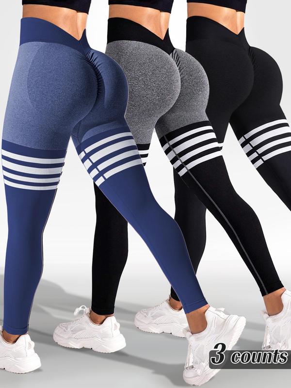 Sporty Women's Striped Print Ruched V-waist Back Sports Leggings, High Stretch Seamless Yoga Leggings, Ladies Sportswear for Indoor Outdoor Wear, Tummy Control Leggings, Legging Pants, Legging Fitness, Gym Yoga Clothing