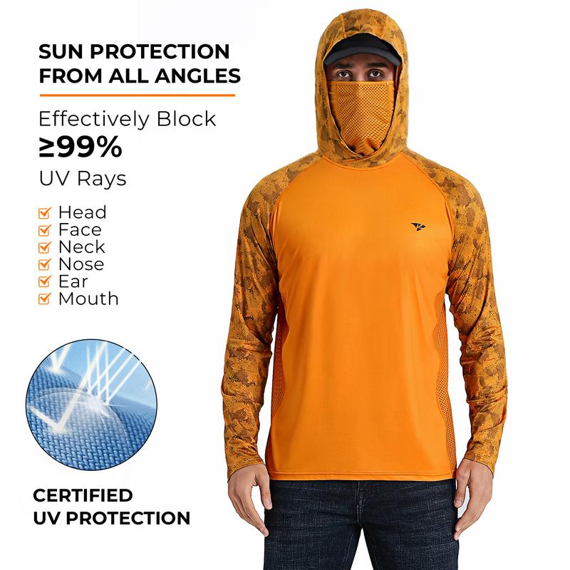 Sun UV Protection Hoodie Shirts, UPF 50+ Men Raglan Long Sleeve Lightweight Quick Dry Breathable Cooling Rash Guard with Mask Neck Gaiter for Outdoor, Hiking, Fishing, Boating, Biking, Sport, Gym, Constructing, Roofing, Landscaping, Gardening 915