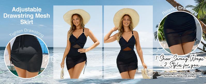 Women One Piece Swimsuits Tummy Control Cutout Tie Back High Waisted Swimwear Slimming Mesh Sheer Wraps Bathing Suit Tankini Outfit