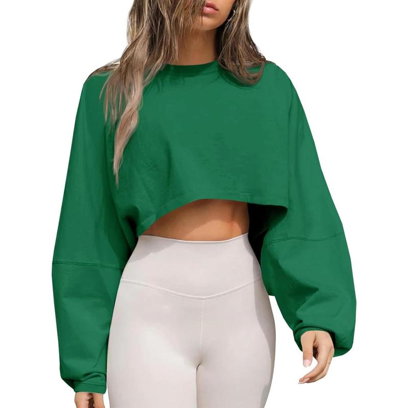 Womens Long Ballon Sleeve Sweatshirts Tops Cropped Crew Neck Loose Fit Casual Workout Shirts