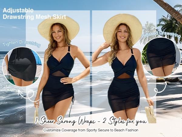 Women One Piece Swimsuits Tummy Control Cutout Tie Back High Waisted Swimwear Slimming Mesh Sheer Wraps Bathing Suit Tankini Outfit