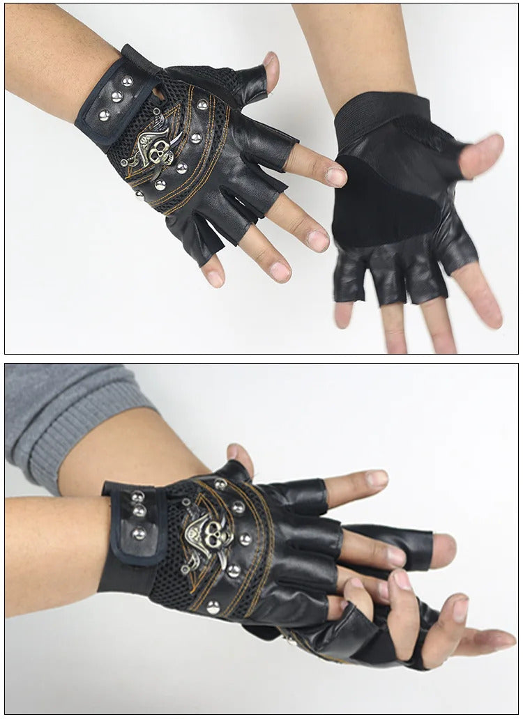 Punk Skulls Rivet PU Leather Gloves Men Women Fashion Hip Hop Anti-slip Half Finger Gloves Summer Cycling Motorcycle Accessories
