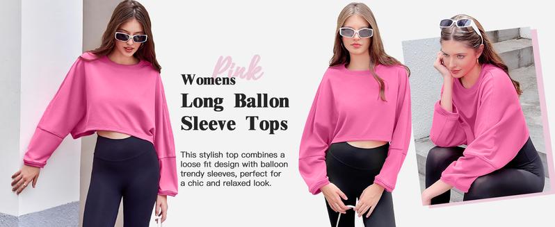 Womens Long Ballon Sleeve Sweatshirts Tops Cropped Crew Neck Loose Fit Casual Workout Shirts