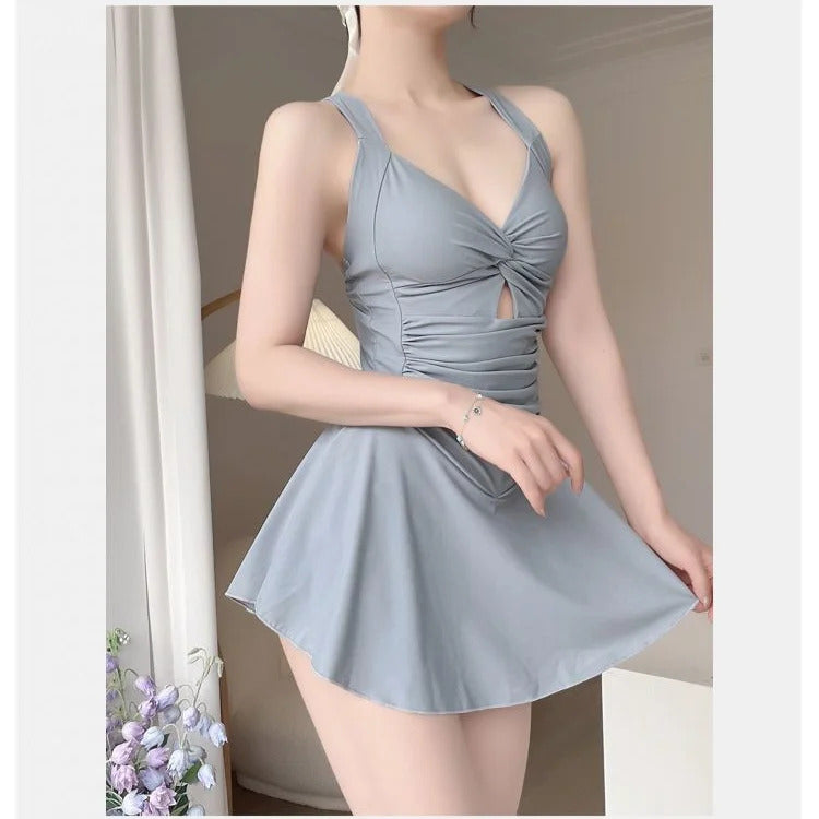 Swimming Suit for Women Solid Color Slimming One-piece Dress Style Conservative Waist Tightening Slimming Vacation Swimsuit