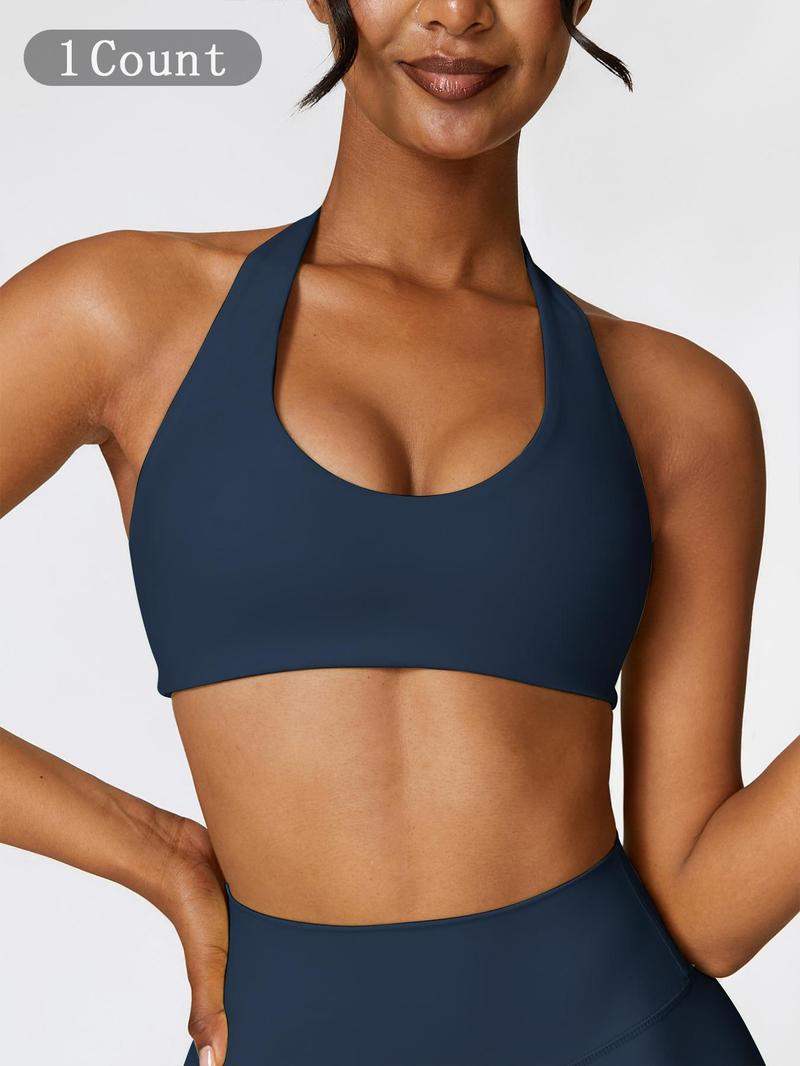 Women's Solid Wireless Halter Sports Bra, Breathable Comfortable High Stretch Sports Bra, Ladies Sportswear for Workout Gym Yoga, Fitness Clothes, Wireless Sports Bras, Yoga Workout Activewear