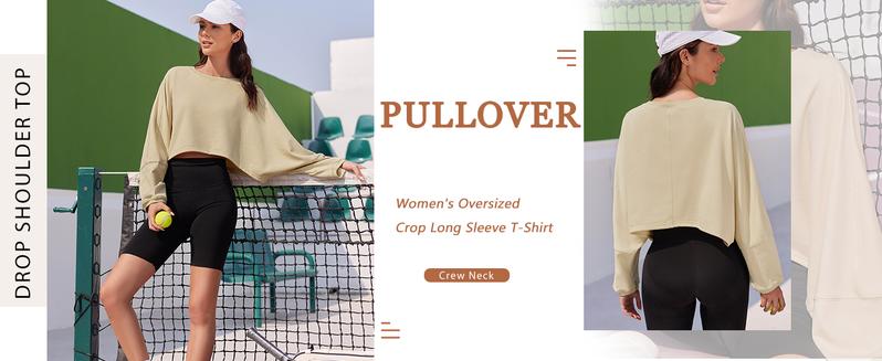 Womens Long Ballon Sleeve Sweatshirts Tops Cropped Crew Neck Loose Fit Casual Workout Shirts