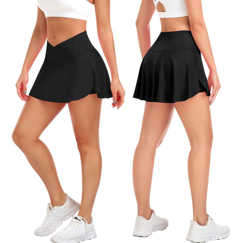 JoyGirl Women's Plain Pocket Tennis Skirt with shorts Crossover Golf Skort Mini High Waisted Girls Workout Running Athletic Skorts Golf Attire