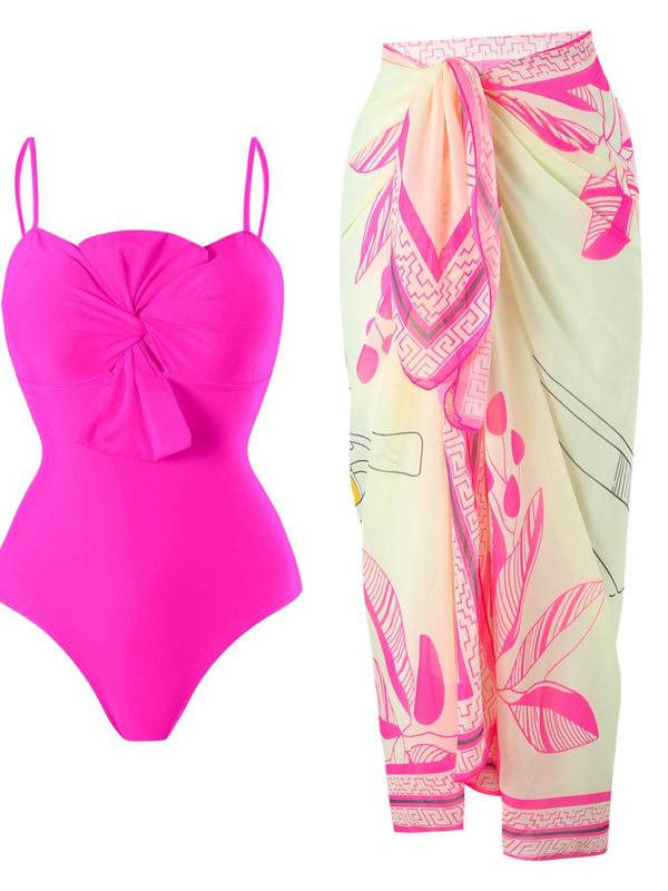 Women's Solid Twist One-piece Swimwear & Leaf Print Tie Front Cover Up Skirt Set, Boho Fashion Adjustable Strap Swimwear Set for Beach Holiday Vacation, Ladies Swimsuit for All Seasons