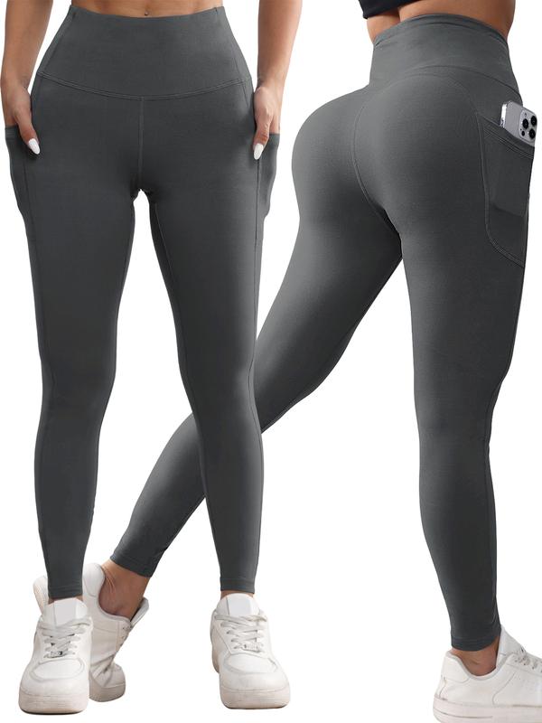 Solid Color High Waisted Yoga Pants With Pockets, Exercise Running Yoga Leggings, Tummy Control Workout Running Yoga Leggings for Women