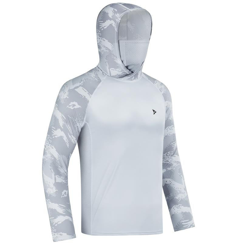 Sun UV Protection Hoodie Shirts, UPF 50+ Men Raglan Long Sleeve Lightweight Quick Dry Breathable Cooling Rash Guard with Mask Neck Gaiter for Outdoor, Hiking, Fishing, Boating, Biking, Sport, Gym, Constructing, Roofing, Landscaping, Gardening 915