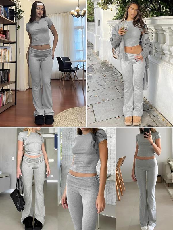 Yoga Women's two-piece casual wear slim fit short sleeved top, low waist bell bottom pants tight pants set, yoga sportswear set, yoga suit, sportswear, slim fit set, fitness set, pajamas set   tracksuits men Loungewear Womenswear Outfit