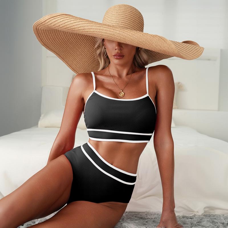 Women's Ribbed Bikini Sets Color Block Swimsuit High Waisted Bathing Suit Swimming Clothing Beach Water Sports Swimwear