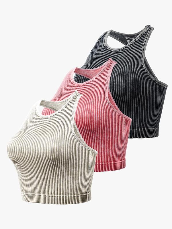 Women's Plain Round Neck Ribbed Sports Vest, Casual Sleeveless Crop Racer Back Tank Top for Pickleball Tennis Yoga Gym Workout, Women Sport & Outdoor Clothing for Summer