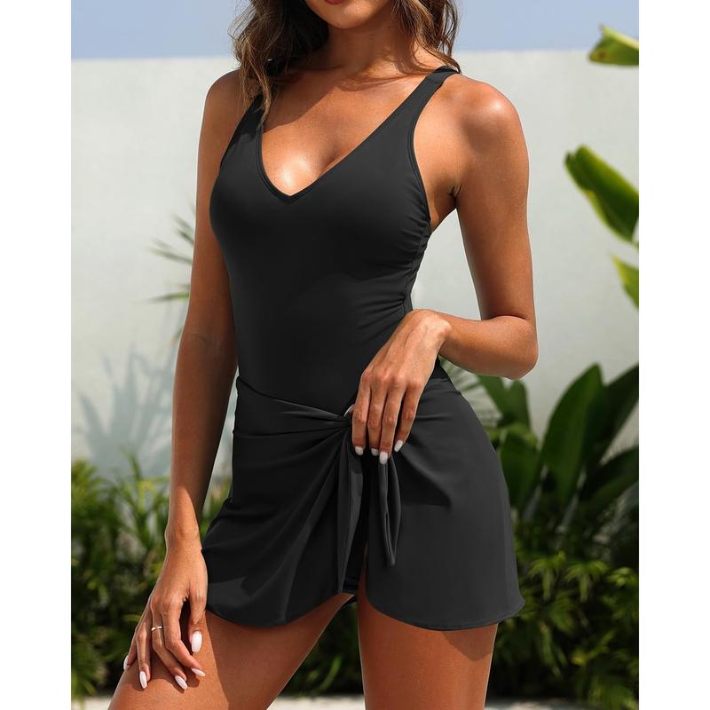 Women One Piece Swim Dress 2025 Tummy Control Swimsuit with Skirt Wrap Tie Side Swimdress Bathing Suit  dealsforyoudays