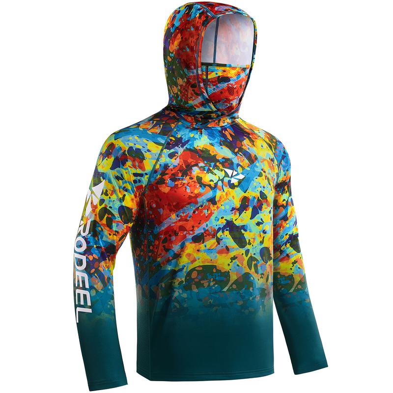 Sun UV Protection Hoodie Shirts, UPF 50+ Men Raglan Long Sleeve Lightweight Quick Dry Breathable Cooling Rash Guard with Mask Neck Gaiter for Outdoor, Hiking, Fishing, Boating, Biking, Sport, Gym, Constructing, Roofing, Landscaping, Gardening 915