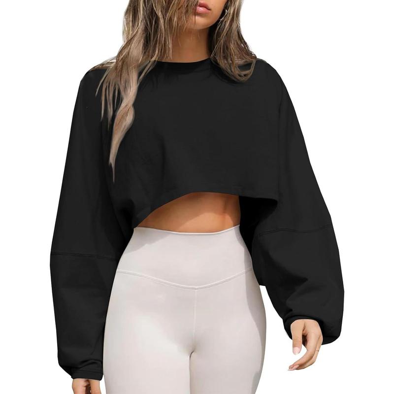Womens Long Ballon Sleeve Sweatshirts Tops Cropped Crew Neck Loose Fit Casual Workout Shirts