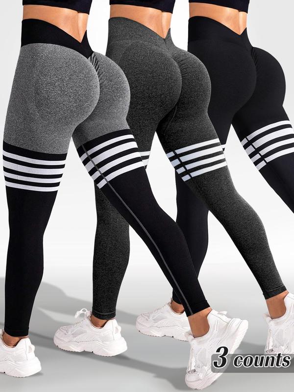 Sporty Women's Striped Print Ruched V-waist Back Sports Leggings, High Stretch Seamless Yoga Leggings, Ladies Sportswear for Indoor Outdoor Wear, Tummy Control Leggings, Legging Pants, Legging Fitness, Gym Yoga Clothing