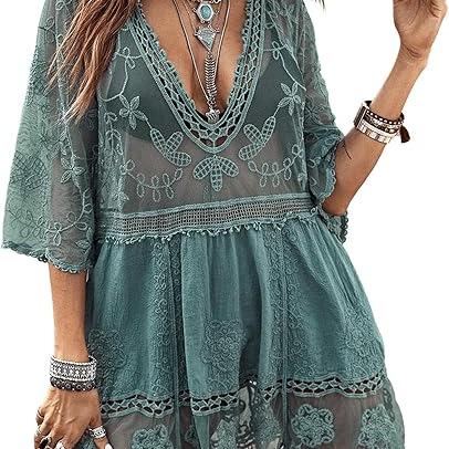 Women's Contrast Lace Bathing Suit Cover Up V-Neck Swimsuit Coverups Loose Swimwear Beach Dress Beachwear Deals for You Days