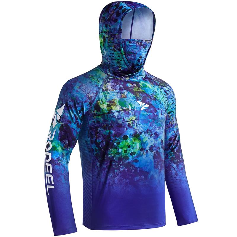 Sun UV Protection Hoodie Shirts, UPF 50+ Men Raglan Long Sleeve Lightweight Quick Dry Breathable Cooling Rash Guard with Mask Neck Gaiter for Outdoor, Hiking, Fishing, Boating, Biking, Sport, Gym, Constructing, Roofing, Landscaping, Gardening 915