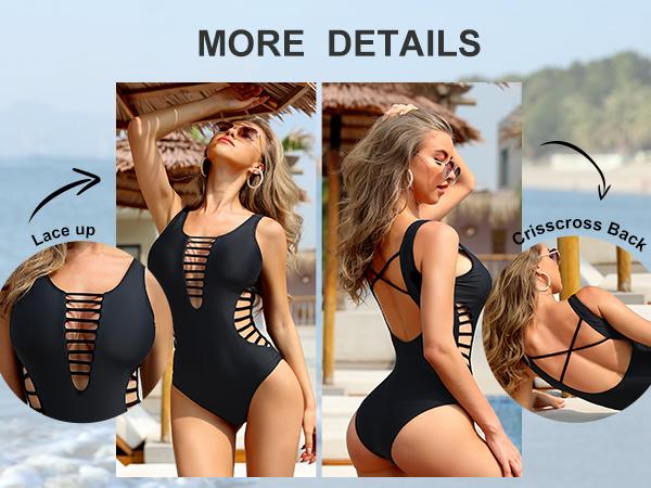 Women Sexy One Piece Swimsuits Plunge Deep V Neck Cutout Bathing Suits