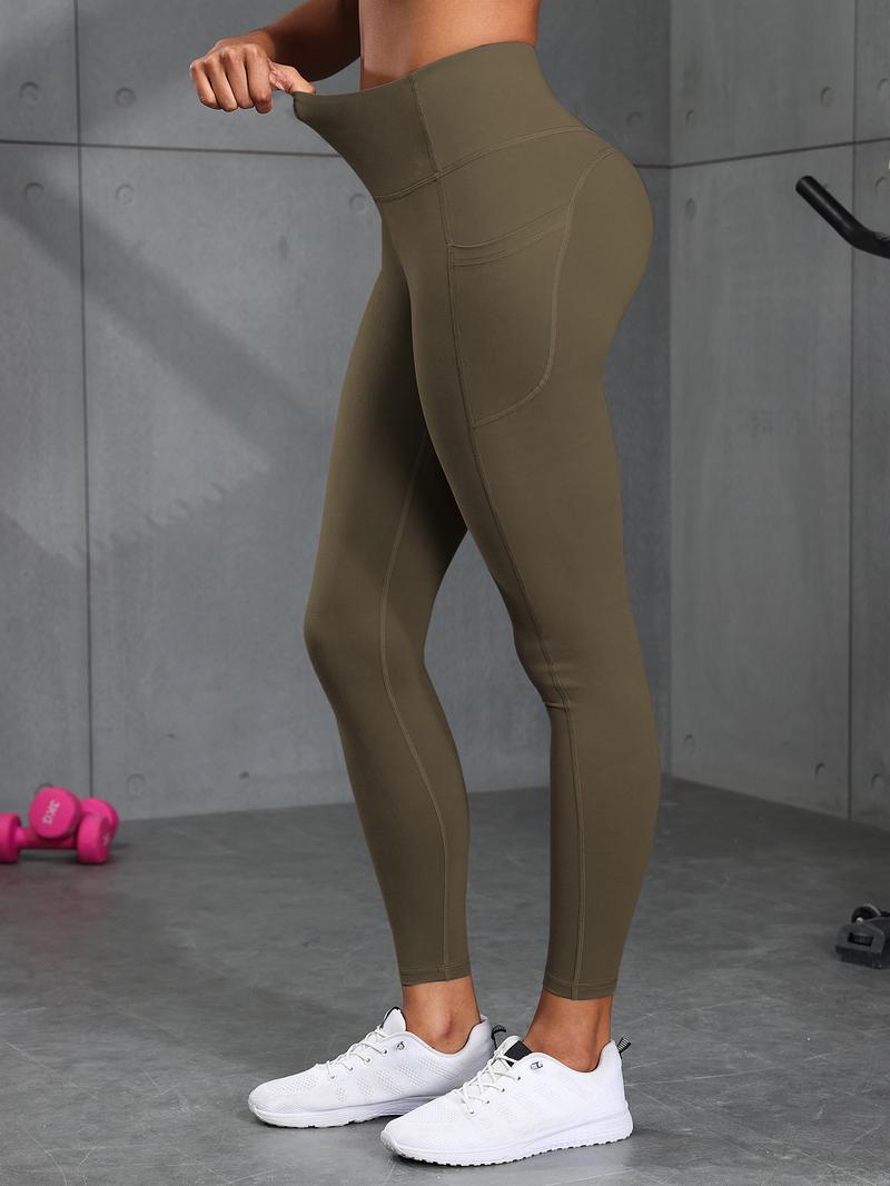 Solid Color High Waisted Yoga Pants With Pockets, Exercise Running Yoga Leggings, Tummy Control Workout Running Yoga Leggings for Women