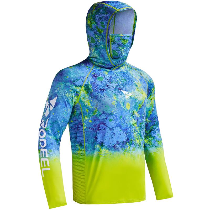 Sun UV Protection Hoodie Shirts, UPF 50+ Men Raglan Long Sleeve Lightweight Quick Dry Breathable Cooling Rash Guard with Mask Neck Gaiter for Outdoor, Hiking, Fishing, Boating, Biking, Sport, Gym, Constructing, Roofing, Landscaping, Gardening 915
